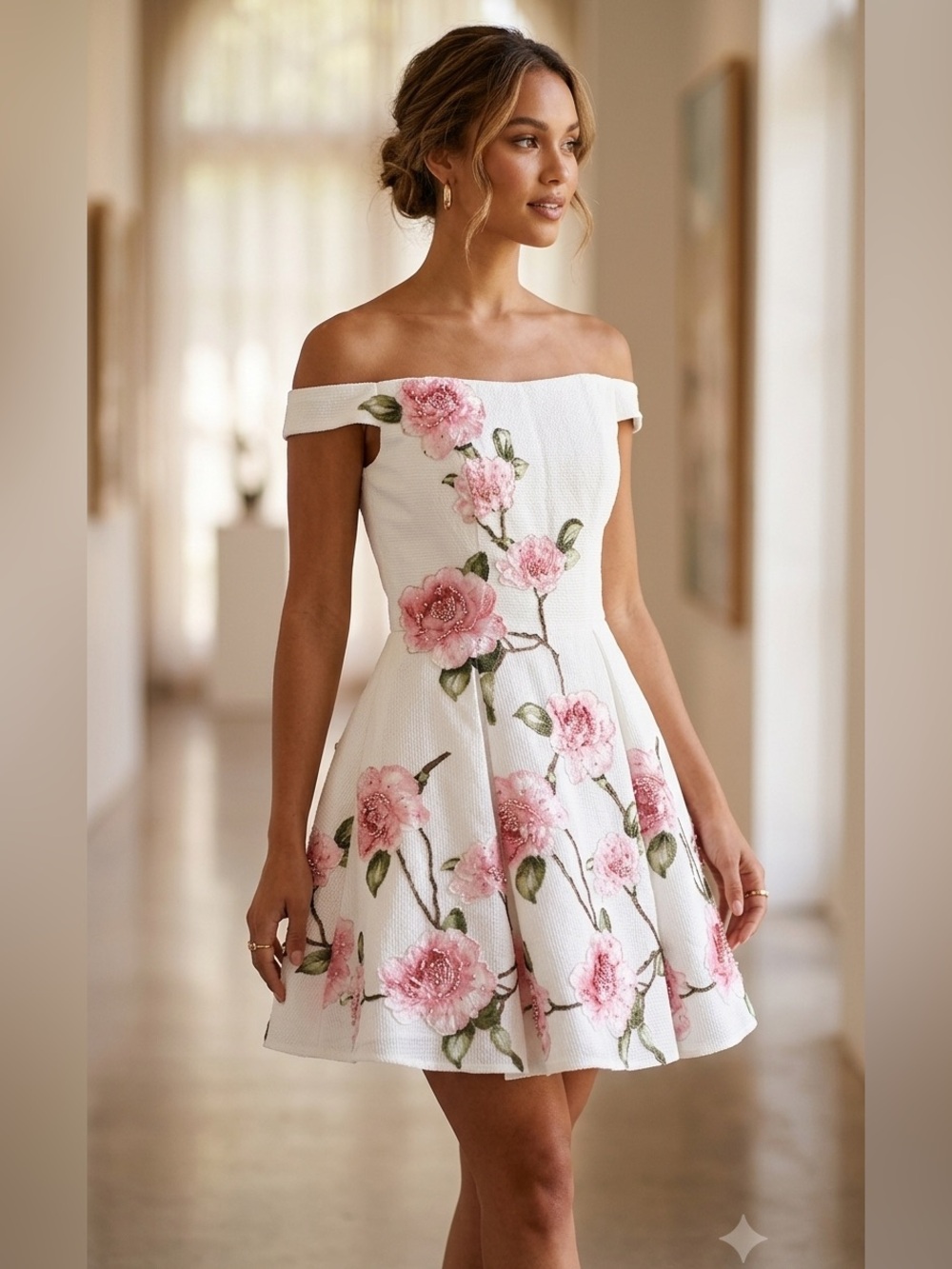 Blush Prom Floral Embroidered Off-The-Shoulder Mini Dress Size 6 Ivory Pink Flor